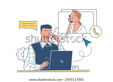 Customer support service. Man on phone answering womans question. Technical support and call center operator. Hot line service. Linear vector illustration isolated on white background