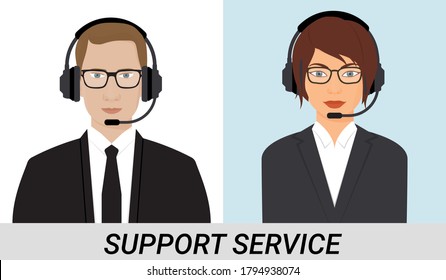 Customer support service. Man and woman in headphones with a microphone. Vector illustration for customer support stores and web services. Call center operators colored icons for your business.