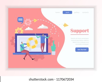 Customer support service online help web landing page with buttons menu on colorful background flat vector illustration