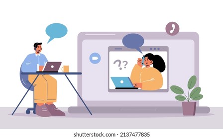 Customer support service, online help. Technical specialist solve client problems via internet. Operator staff in headset work on computer at hotline call center helpdesk, Line art vector illustration