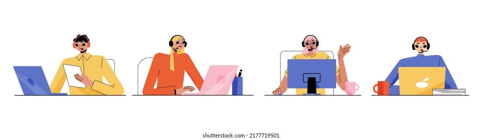 Customer support service operators with headset and computer. Vector flat illustration of diverse people work in call center office isolated on white background