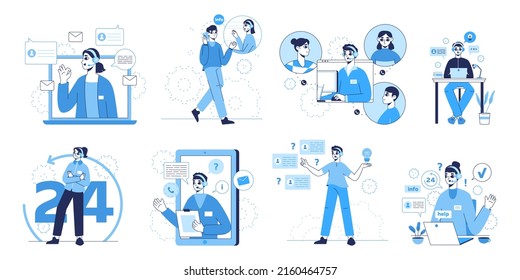 Customer support service, personal assistant, hotline operators. Technical online client support, call center workers vector symbols illustration set. Virtual advice services