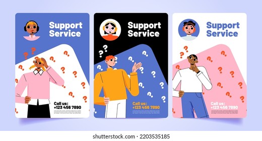 Customer support service posters. Call center online help flyers with specialist solve client problems via internet. Operator staff in headset work on hotline helpdesk, Line art vector web banner