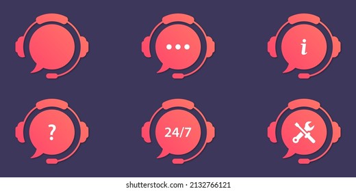 Service Set des Kundenservice. Symbole der Hotline und des Call Center. Headset mit Fragezeichen, Ellipsis. Rund um Clock Telefon und Online Help Piktogramm. Vektorgrafik.