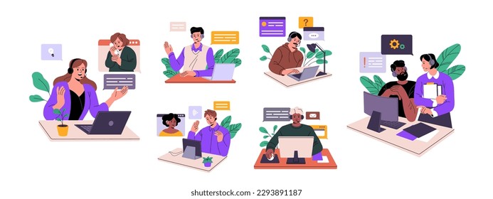 Customer support service set. Operators in headsets work online at call center, help desk, hotline. Employees in headphones at helpdesks. Flat vector illustrations isolated on white background