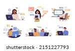 Customer support service. Set of people during online consultations of support services, business communication. Operators in headsets talk with customers. Flat vector illustrations isolated on white