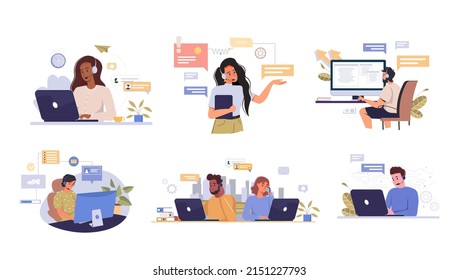 Customer support service. Set of people during online consultations of support services, business communication. Operators in headsets talk with customers. Flat vector illustrations isolated on white