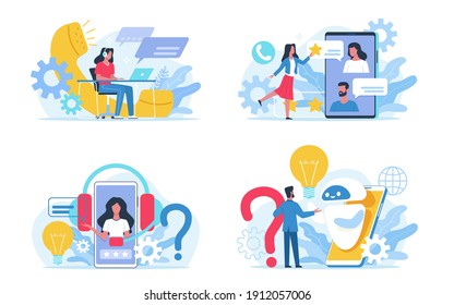 Customer support service. Social call center, round-the-clock online assistance. Internet chat for answering to clients and buyers questions. Web feedback and users comments. FAQ concept. Vector set