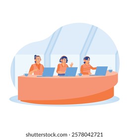 Customer support service. Team of call center employees wearing headsets and working using laptops. Customer Service Representative concept. Flat vector illustration.