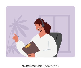 Customer Support Service. Technical Receptionist, Operator Girl in Headset Hotline Consultant Chatting with Client in Call Center Answering Professional Questions. Cartoon People Vector Illustration