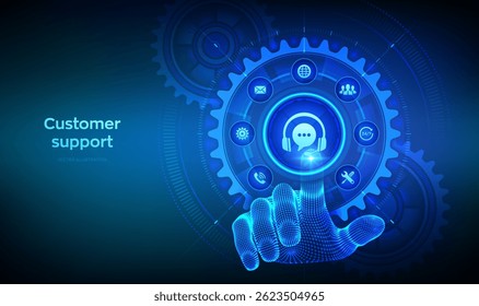 Customer support service technology concept. Technical support, customer service, tech support assistance. Hand touching digital interface with connected gears cogs and icons. Vector illustration.