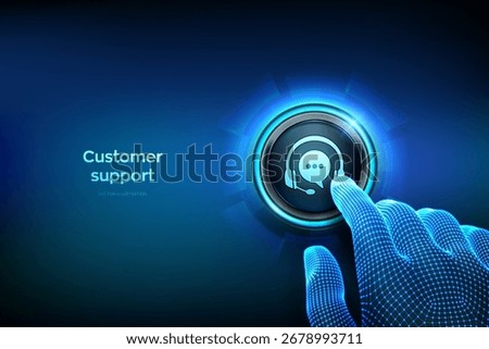 Customer support service technology concept. Technical support, customer service, digital interface, tech support assistance. Hand about to press the customer support button. Vector illustration.