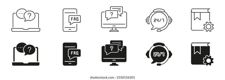 Customer Support Service Tools and FAQ Line and Silhouette Icon Set. Online Information and Communication Symbol Collection. Isolated Vector Illustration.