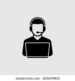 Icono del vector del servicio de asistencia al cliente. Trabajador con audífono trabajando en el equipo