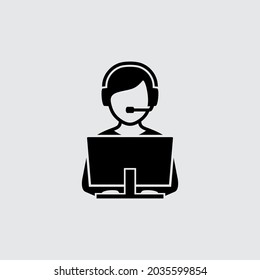 Customer Support Service Vector Icon. Worker with Headphone Working on Computer