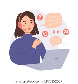 Customer support service vector illustration with young brunette woman in headset. Hotline concept. Workplace with laptop and bubble speech. Cartoon flat style. Clients assistance and customer care