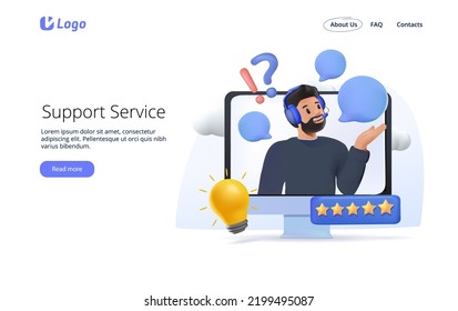 Customer support service website. Characters talking with helpdesk or call center operator and leaving positive feedback. User experience concept. Vector illustration. Call center landing page UI