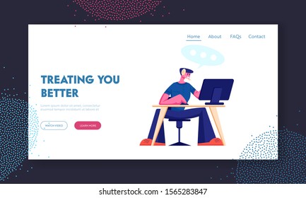 Customer Support Service Website Landing Page. Consultant on Hotline Chat with Clients. Call Center Male Technical Professional Receptionist Answer Web Page Banner. Cartoon Flat Vector Illustration
