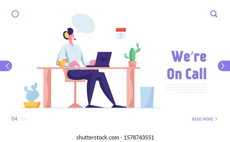 Customer Support Service Website Landing Page. Consultant on Hotline Chat with Client, Telemarketer. Call Center Technical Professional Receptionist Web Page Banner. Cartoon Flat Vector Illustration