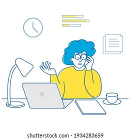 Customer Support Service. Customer Service Woman illustration. Woman at work. Woman speak at phone and laptop. Concept illustration for support, assistance, call center. 