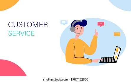 Customer support service. Young man talking with client using webcam. Social call center, round-the-clock online assistance. Landing page template. Vector illustration.