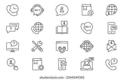 Customer Support Services Line Icon Set. Global Communication and FAQ Tools Outline Symbol Collection. 24 7 Assistance Sign. Editable Stroke. Isolated Vector Illustration.