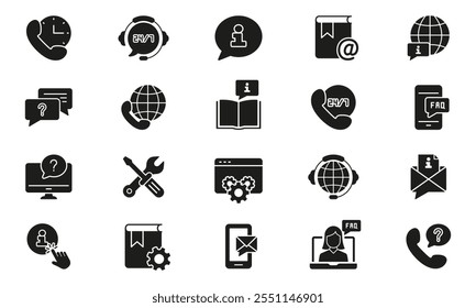 Customer Support Services Silhouette Icon Set. Global Communication and FAQ Tools Glyph Symbol. 24 7 Assistance Sign. Isolated Vector Illustration.