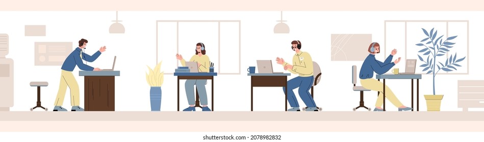 Soporte al cliente o fondo de banner del centro de llamadas de compras con operadores de teléfono o gestores de ventas consultando a clientes en línea, ilustración vectorial de dibujos animados planos.