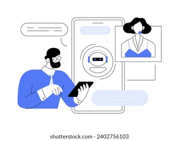 Lösungen für den Kundendienst: einzelne Cartoon-Vektorgrafiken. Marketing-Manager chatten mit dem Kunden über Telefon, Chatbot-Service, IT-Technologie, Datenübertragung, CRM-System Vektorgrafik.