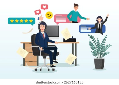 Customer support staff help solving customer problems, Customer service help solving problem, advice helpline or call center to support customer, operator to communicate with client provide solution