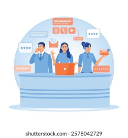 The customer support team communicates with clients. Serving telephone calls, emails, and digital messages. Customer Service Representative concept. Flat vector illustration.