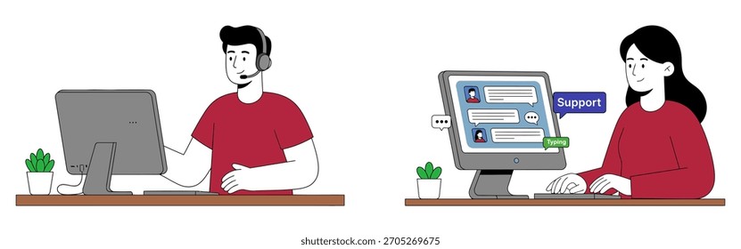 Customer support team providing assistance through call and chat, showing a man with headset handling calls and a woman typing live messages on computer for online service help. 