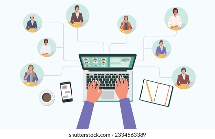 Customer Support and Support Team with Virtual Network and Virtual Networking Support Team, Remote Work and Remote Worker in Video Conference, Online Meeting. Meeting with clients and customer care