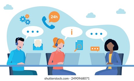 Customer support team working on laptops at a desk. Two women, one man. There are comic speech bubble next to the characters. And icons of telephone 24, email, cogs and document. Flat design vector.