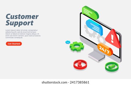 Customer support, Technical support flat 3d isometric web banner template