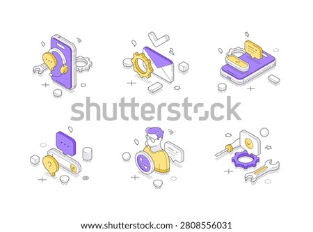 Customer support and technical service icons. Modern isometric vector illustration for online helpdesk and client assistance. Symbols for communication, repair, and problem-solving for web and mobile