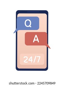 Asistencia al cliente a través de un objeto vector de color semiplano para smartphone. Elemento editable de tamaño completo en blanco. Ilustración simple de estilo de dibujos animados para diseño gráfico web y animación. Tipo de letra regular de fragmento de código utilizado