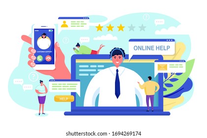 Ilustración vectorial de soporte al cliente. Caricatura diminuta clientes llaman a operador personaje en apoyo de centro de negocios para la comunicación, ayuda en problemas. Concepto de servicio en línea aislado en blanco