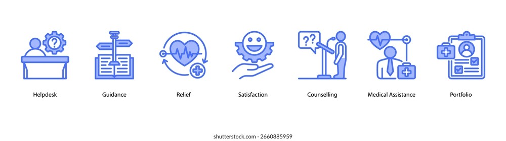 Customer Support web banner icon vector illustration featuring Helpdesk, Guidance, Relief, Satisfaction, Counselling, Medical Assistance, and Portfolio.