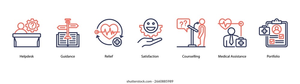 Customer Support web banner icon vector illustration featuring Helpdesk, Guidance, Relief, Satisfaction, Counselling, Medical Assistance, and Portfolio.