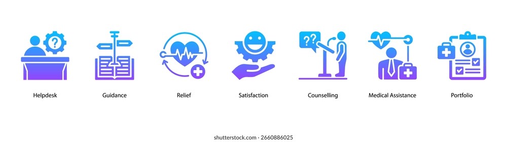 Ilustración vectorial de íconos de Anuncio de Web de Asistencia al cliente con Helpdesk, Guidance, Relief, Satisfaction, Counseling, Medical Assistance y Cartera.
