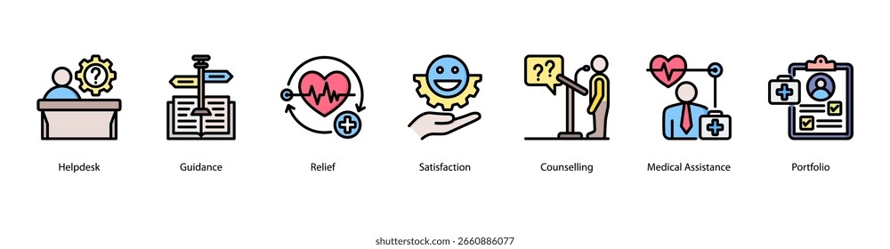 Ilustração vetorial do ícone de banner da Web do Suporte ao cliente com Helpdesk, Orientação, Alívio, Satisfação, Aconselhamento, Assistência Médica e Portfólio.