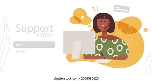 Customer support web banner template. Vector flat character sitting in front of the computer and answering with a microphone. Cartoon illustration with online chat balloons.