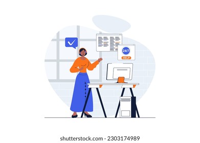 Customer support web concept with character scene. Woman advising clients and answering calls and messages. People situation in flat design. Vector illustration for social media marketing material.