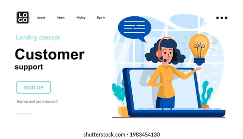 Customer support web concept. Operator consults online, resolved customer issues, call center. Template of people scenes. Vector illustration with character activities in flat design for website