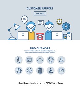 Customer support website hero image concept. One page website design with flat thin line icons.