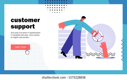 Customer support, website landing page. Man gives a lifebuoy to a drowning man. Template for blog channel. Cartoon flat vector illustration