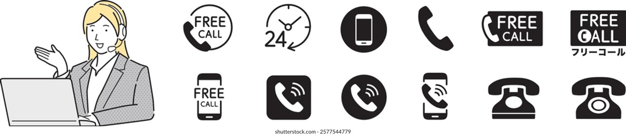 customer support woman with free number icons of telephone