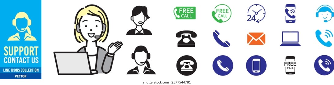 customer support woman with free number icons of telephone