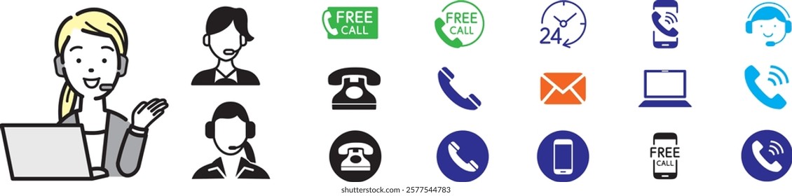 customer support woman with free number icons of telephone